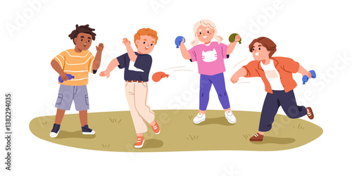 Children in water balloon fight, playing game. Happy kids, boys and girls throwing, running, outdoor fun, leisure. Friends, summer entertainment. Flat vector illustration isolated on white background
