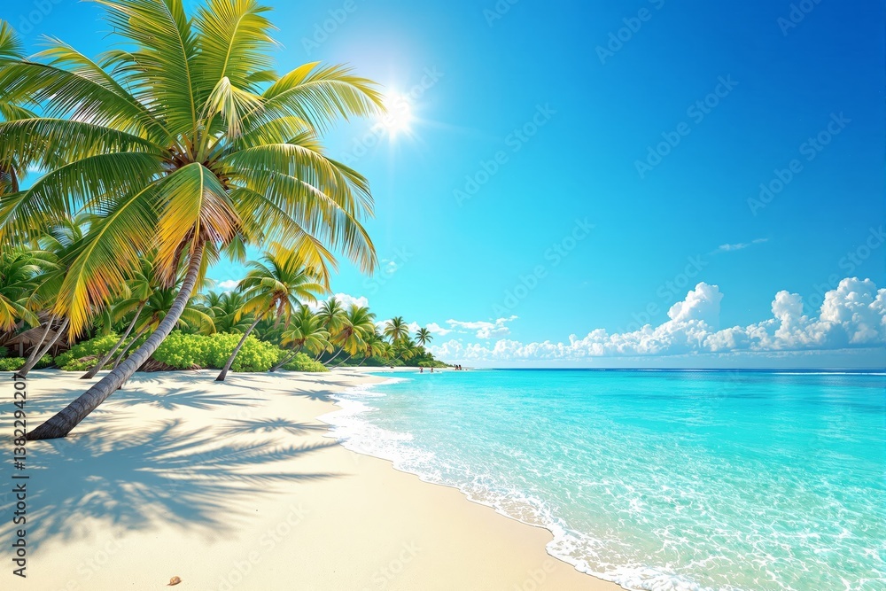 Fototapeta premium Tropical beach with palm trees and clear blue sky.