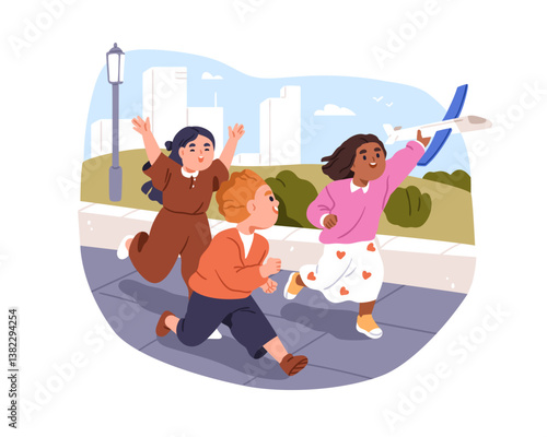 Kids playing with toy airplane. Happy children friends running outdoors, holding plane in hand. Fun, playtime and leisure activity outside. Flat vector illustration isolated on white background