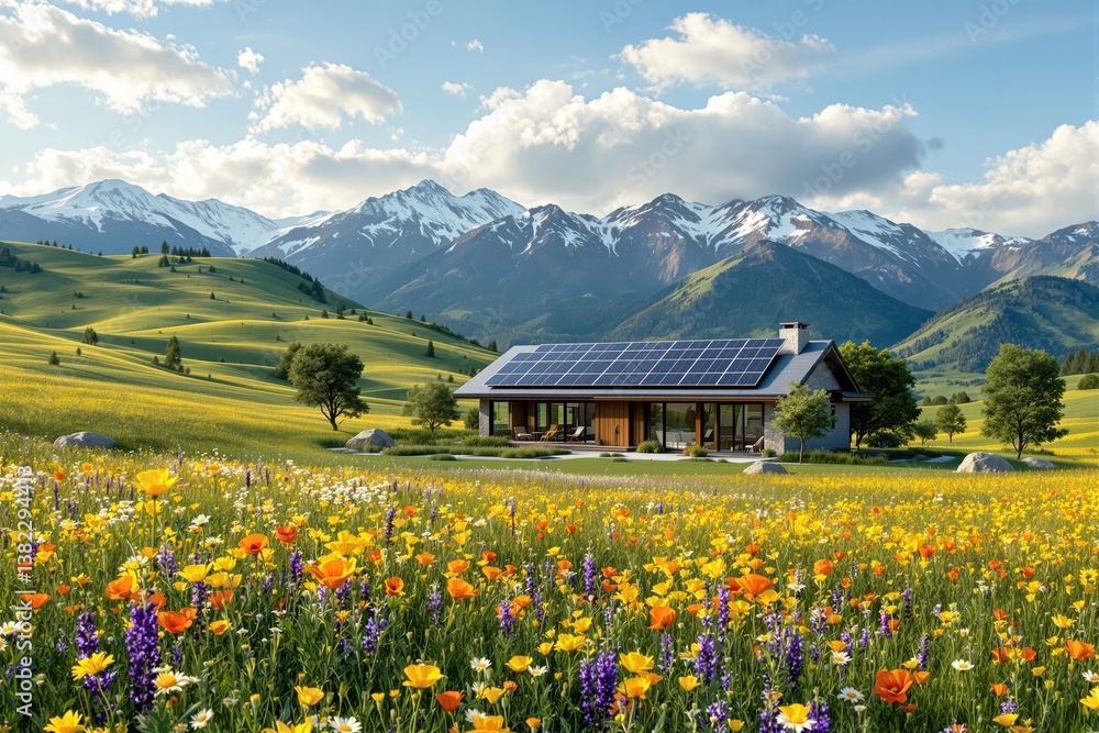 Fototapeta premium Modern eco-friendly house with solar panels in a vibrant mountain landscape.