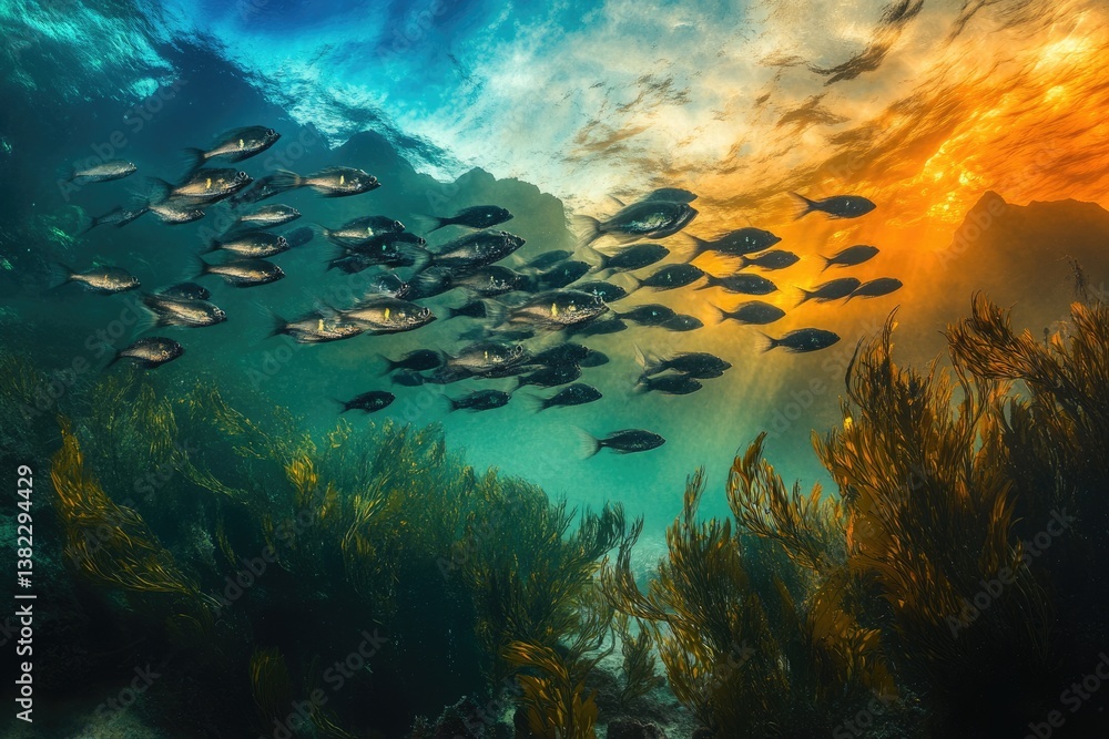 A school of fish swims through kelp forest bathed in sunlight, creating a vibrant underwater scene. A school of fish swims through kelp forest bathed in sunlight, creating a vibrant underwater scene.