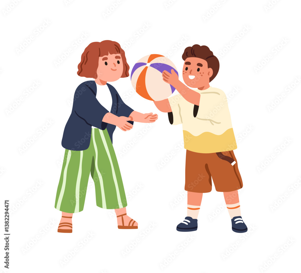 Kids with ball. Happy children, boy and girl playing game together, sharing toy. Preschool friends, kindergarten toddlers, outdoor activity. Flat vector illustration isolated on white background Kids with ball. Happy children, boy and girl playing game together, sharing toy. Preschool friends, kindergarten toddlers, outdoor activity. Flat vector illustration isolated on white background