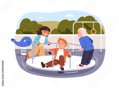 Children on merry-go-round at playground. Happy kids spinning carousel, outdoor fun, activity. Preschool boys and girl playing, riding roundabout. Flat vector illustration isolated on white background