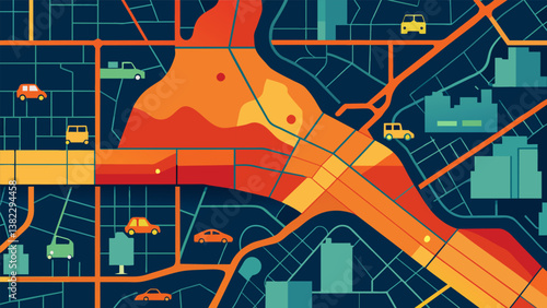 A heat map visualizing the most heavily trafficked roads in a city based on the number of vehicles passing through in a given period.. Vector illustration