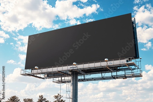 Obraz na płótnie Blank black billboard mockup on metal structure against bright blue sky with clouds. w salonie