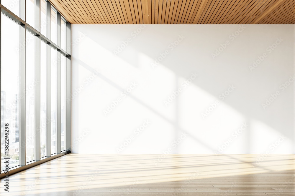 Bright empty room with large windows, white wall, and wooden ceiling.