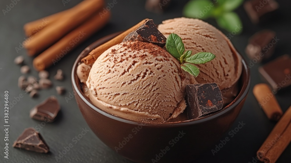 Chocolate ice cream scoops in bowl with cinnamon and chocolate pieces