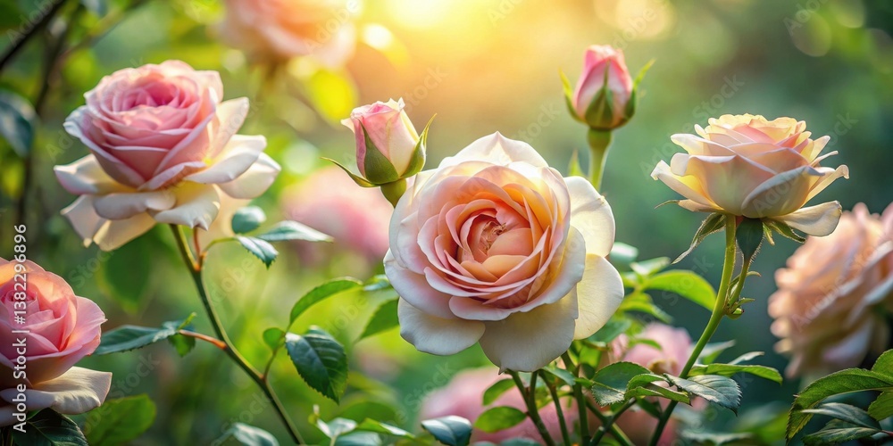 Obraz premium A sunlit garden showcasing the delicate beauty of fully bloomed roses and tightly furled buds