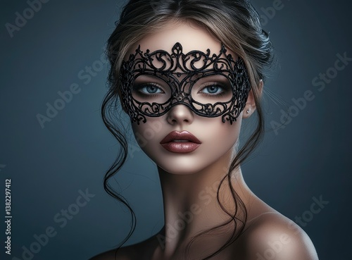 Wallpaper Mural Woman Wearing Ornate Black Masquerade Mask with Decorative Design and Soft Lighting Torontodigital.ca