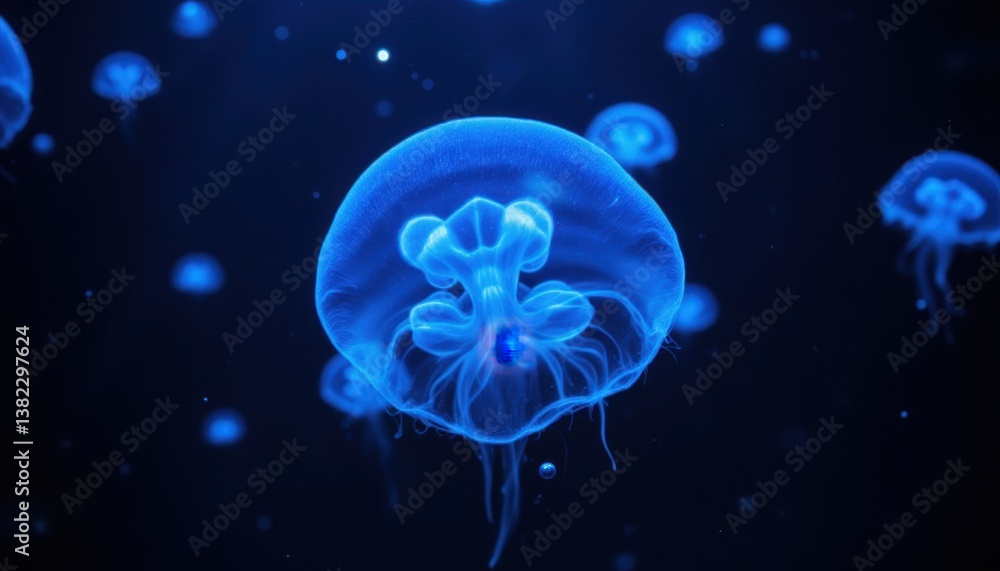 Deep sea glowing jellyfish floating in the abyss, surreal underwater bioluminescence scene Deep sea glowing jellyfish floating in the abyss, surreal underwater bioluminescence scene