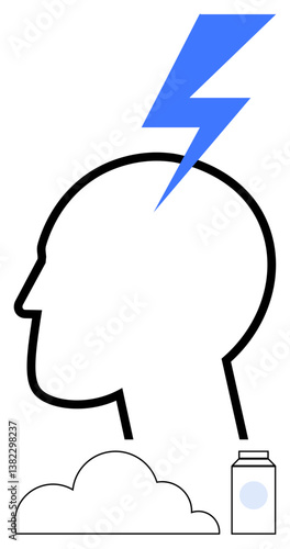 Silhouette head with lightning bolt symbolizing ideas, creativity, or mental clarity, a cloud at the base implying thoughts or dreams, and a small jar representing containment or potential. Ideal