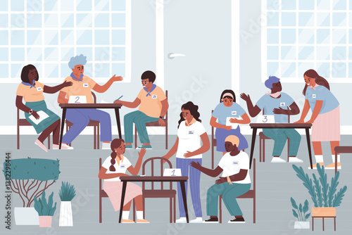 Subject Olympiad among schoolchildren in the auditorium. Three teams of students compete in an intellectual competition for schoolchildren. Flat vector illustration