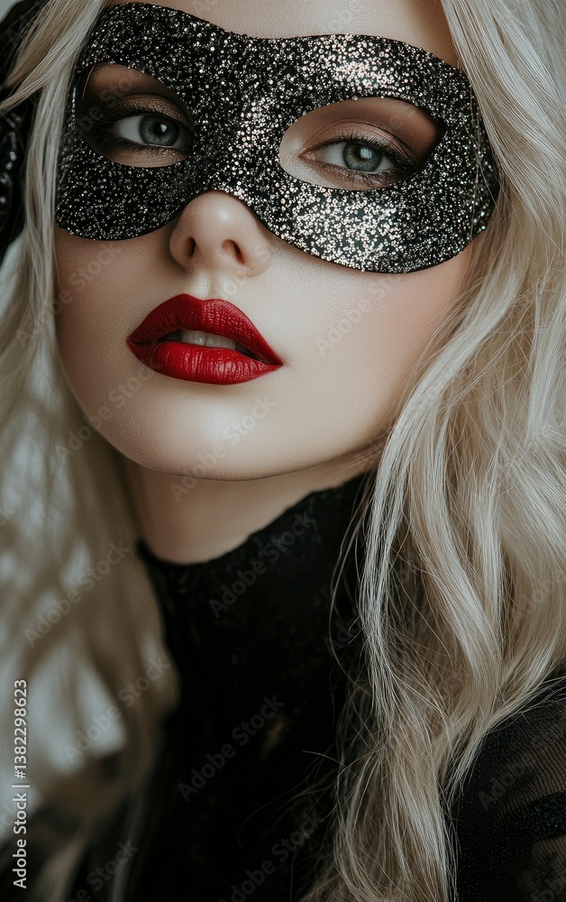 Woman in Glitter Mask with Red Lips and Flowing Blonde Hair Woman in Glitter Mask with Red Lips and Flowing Blonde Hair