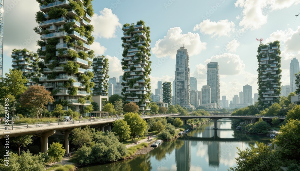 Fototapeta premium A futuristic eco city with vertical gardens and renewable energy sources