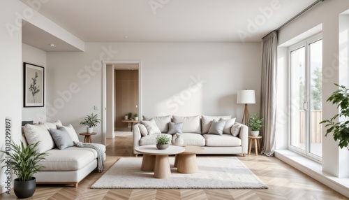 Scandinavian minimalist home interior with modern furniture and neutral tones