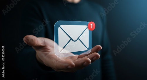 Hand Holding Holographic Email Icon with Notification
