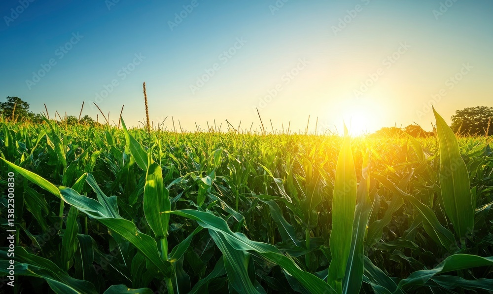 Fototapeta premium Corn Field at Sunrise Agriculture Landscape with Vibrant Sunlight