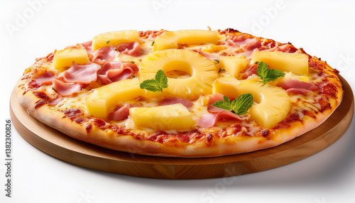 delicious Hawaiian pizza with pineapple and ham on a white background