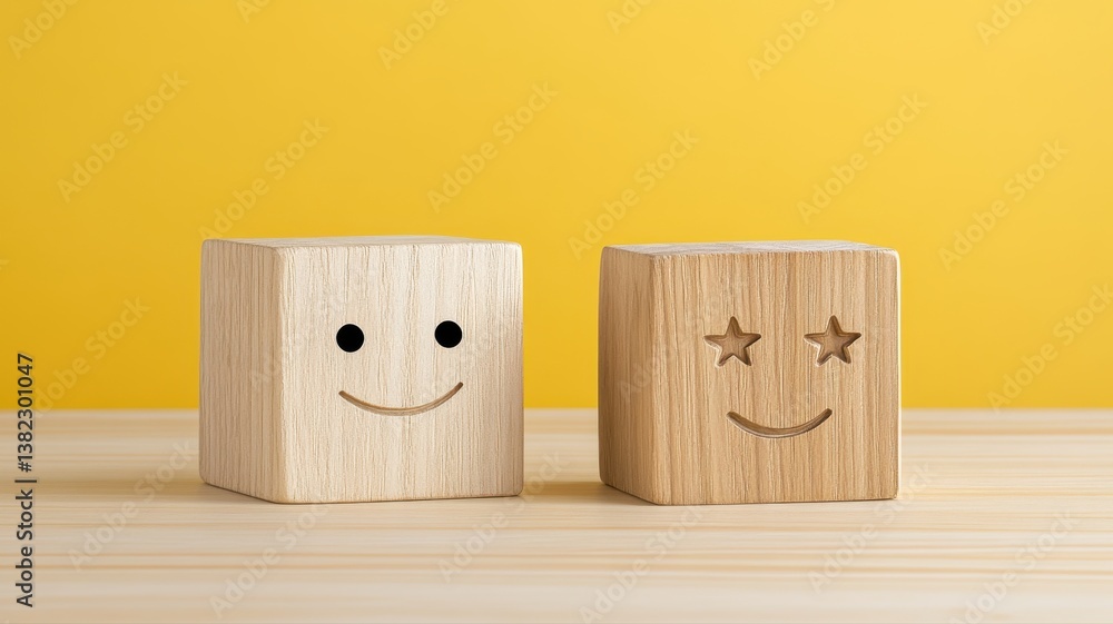 Obraz premium Two wooden blocks with smiling faces against yellow background, symbolizing happiness and creativity.