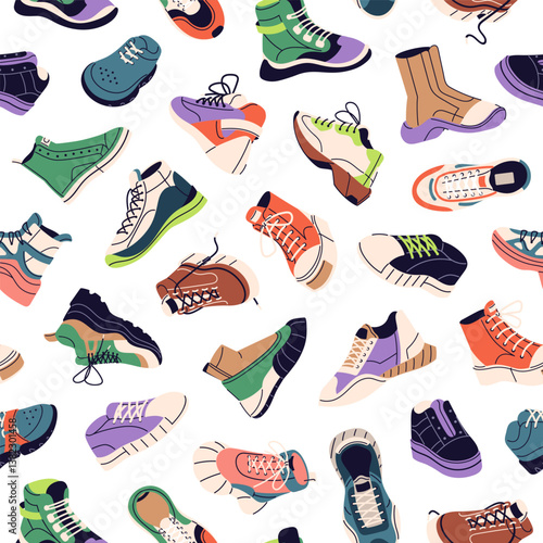 Repeatable pattern of different sneakers, sports shoes. Endless background of various trainers, stylish gumshoes, modern boots for gym, fashion footwear for running. Flat seamless vector illustration