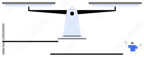 Uneven balance scale highlighting disparity, fairness concept, with a small human figure pointing. Ideal for justice, equality, decision-making, ethics, fairness, social issues flat simple metaphor