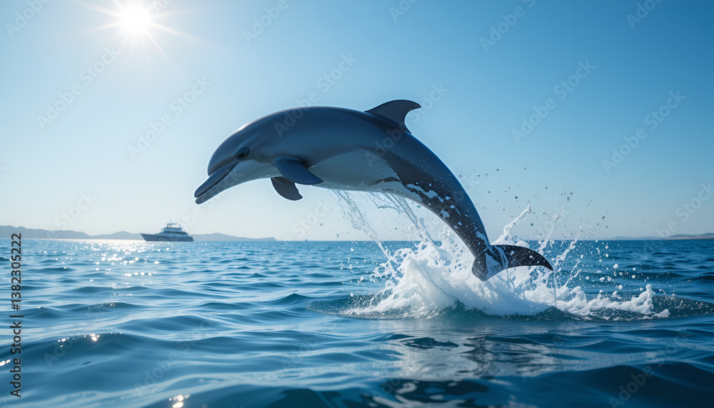Fototapeta premium “Dolphins gracefully jumping out of the water, reflecting harmony with ocean energy and beautiful fluid movement.”