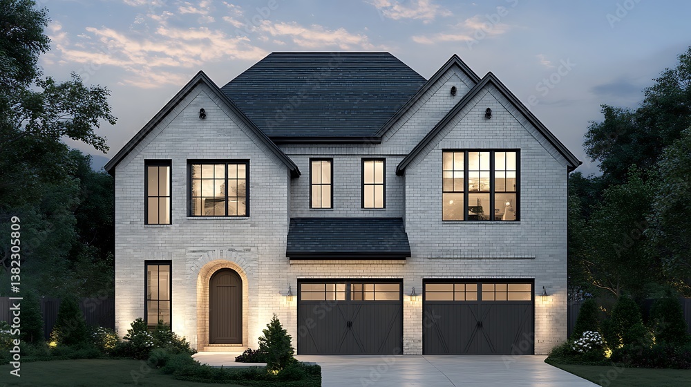 Modern Two Story Home with Windows and Garage Door in Focus Modern Two Story Home with Windows and Garage Door in Focus