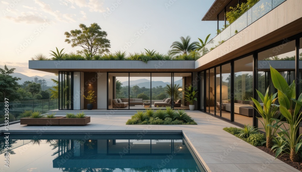 Luxurious Urban Villa with Large Windows, Stone Cladding, Ambient Outdoor Lighting, and Sophisticated Curb Appea Luxurious Urban Villa with Large Windows, Stone Cladding, Ambient Outdoor Lighting, and Sophisticated Curb Appea