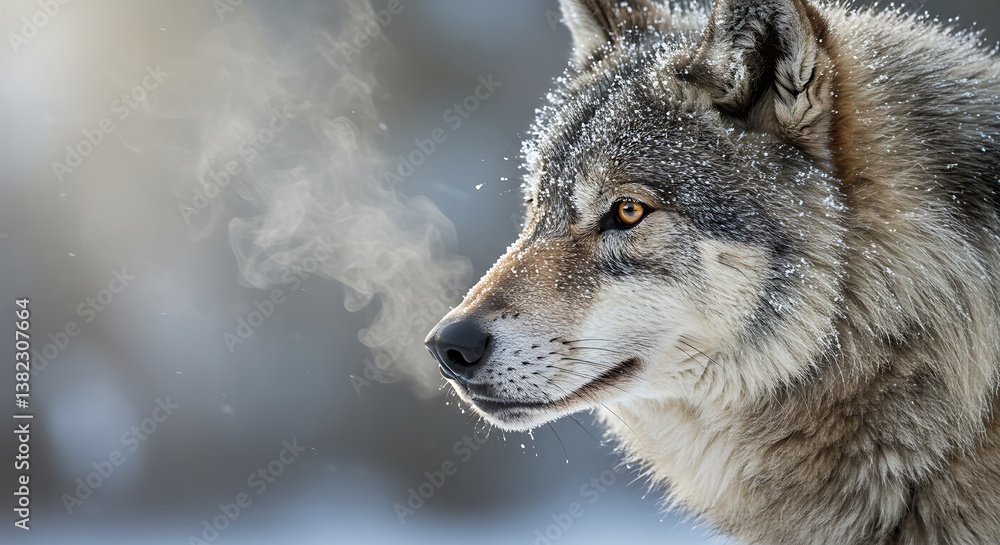 Fototapeta premium Majestic Wolf Exhaling Steam in a Snowy Landscape