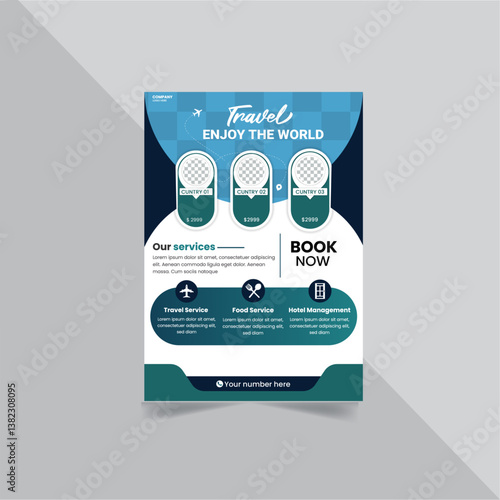 Creative travel and holiday social media post business flyer template. Travel Vacation Tour Agency Flyer Template Design. Template design for a modern travel flyer with venue and contact details.