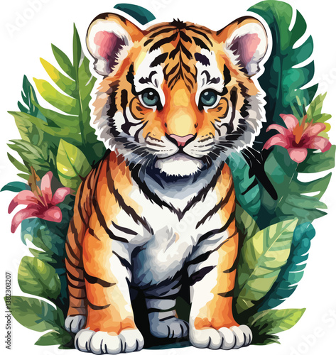 Watercolor Cute Tiger Illustration with Jungle Leaves