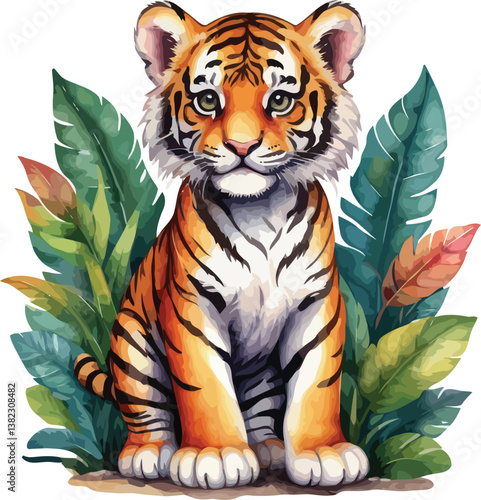 Watercolor Cute Tiger Cub with Floral Leaves