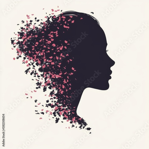 Woman's Profile Silhouette Dissolving into Abstract Pink Particles Cloud