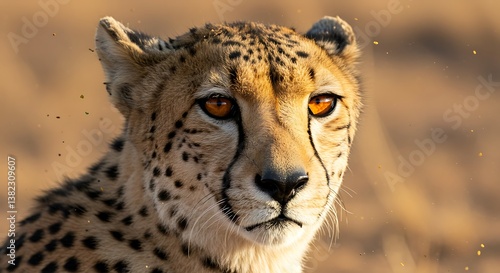 Close-up of a cheetah in the African savanna.