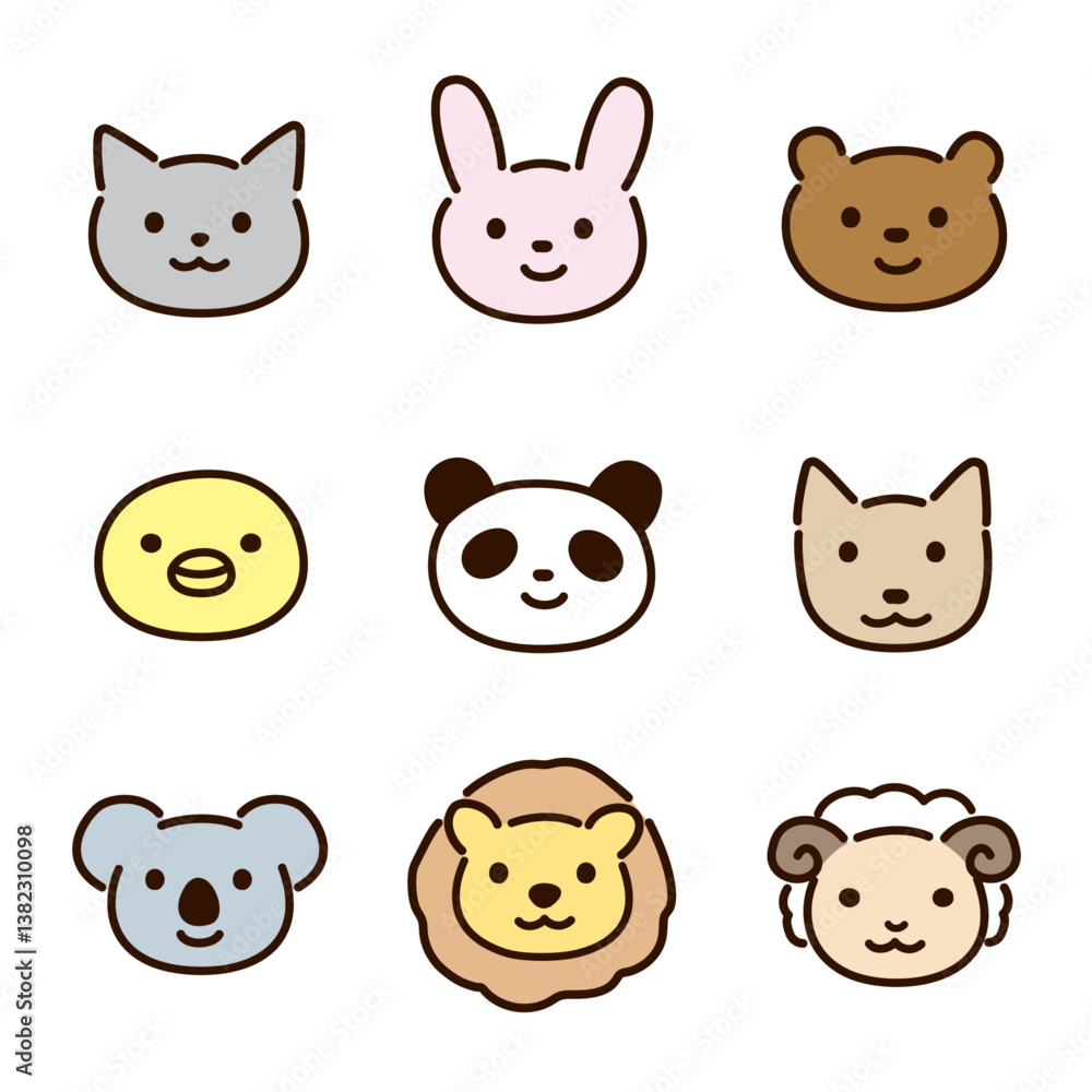 Fototapeta premium 動物たちの顔アイコン素材セット-線とカラー
