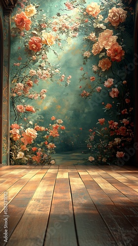 A floral wall with peach and pink roses cascading onto a wooden floor in a vintage style room