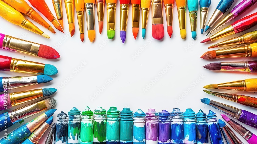 Fototapeta premium A vibrant arrangement of paintbrushes and paint tubes on a white background for artistic use.