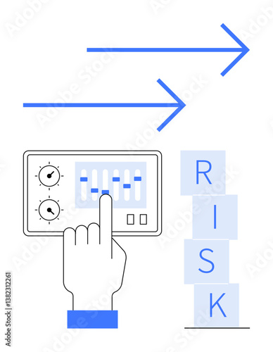 Hand adjusting control panel sliders with precision. Blue arrows indicating progress. Stacked blocks forming RISK. Ideal for strategy, risk, management, control, decision-making, finance abstract