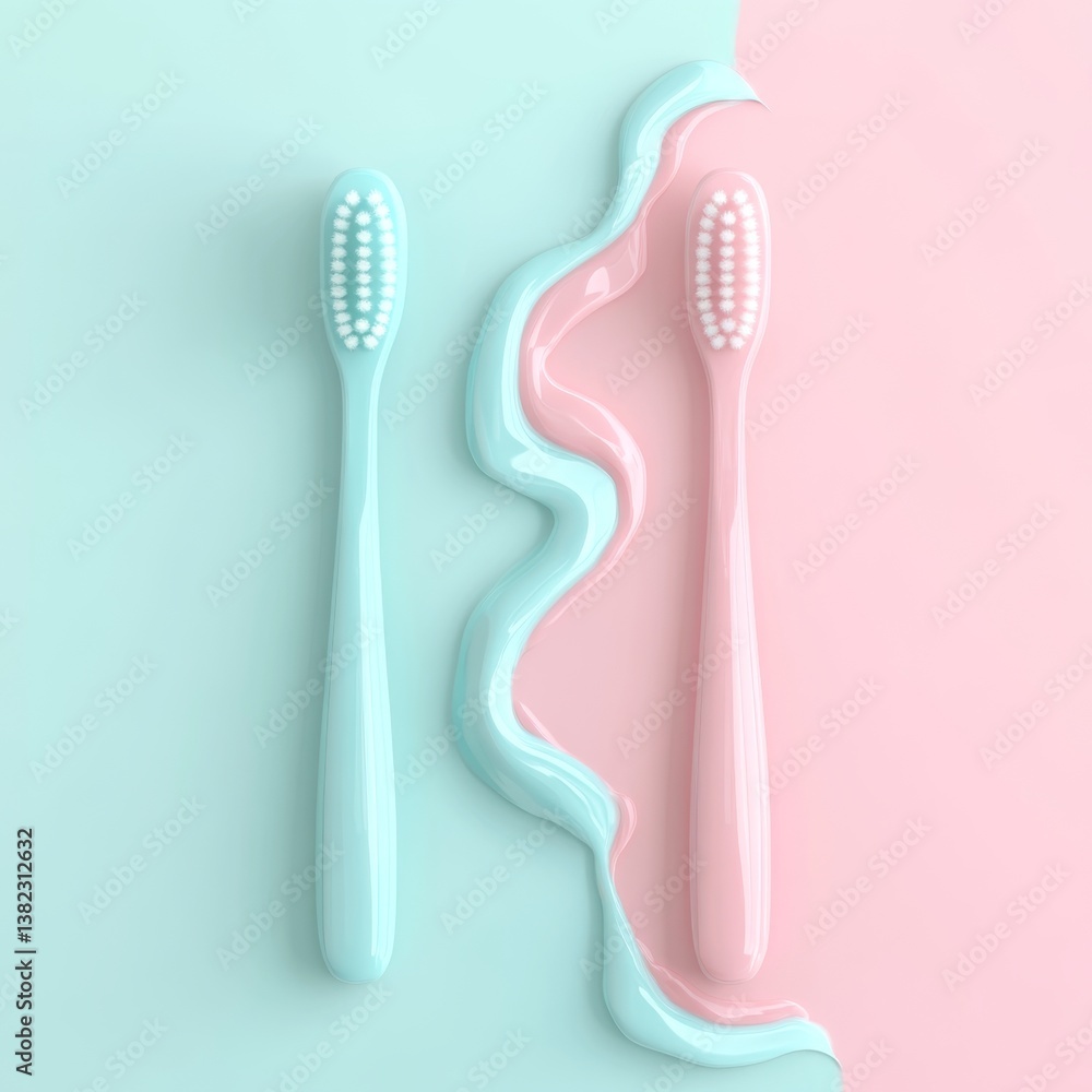Pastel Pink and Blue Toothbrushes with a Wavy Smear Between Them Pastel Pink and Blue Toothbrushes with a Wavy Smear Between Them
