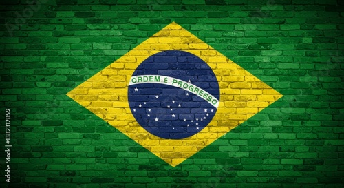 Brazilian flag spray paint mural on weathered brick wall with grunge texture