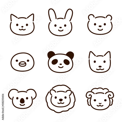 動物たちの顔アイコン素材セット-線画