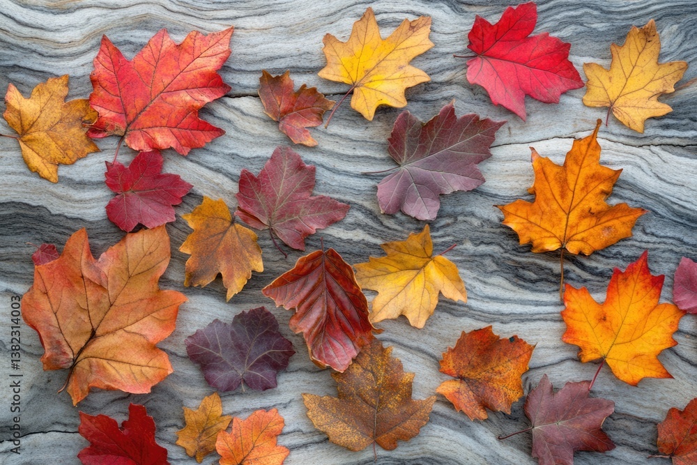 Collection of vibrant autumn leaves in various shades of red, orange, and yellow arranged on a gray stone background. Collection of vibrant autumn leaves in various shades of red, orange, and yellow arranged on a gray stone background.