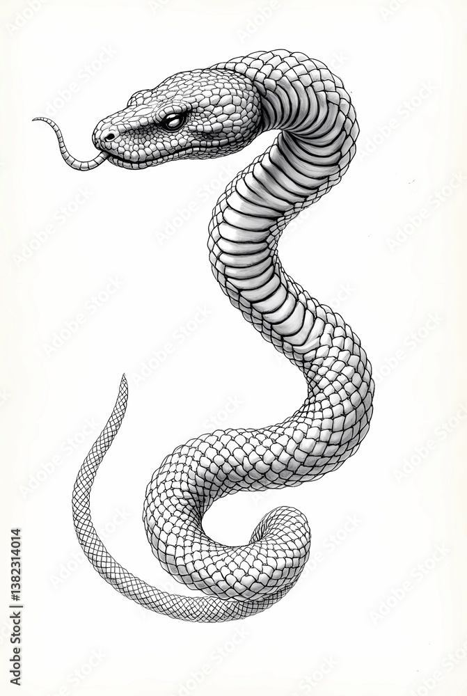 Fototapeta premium A striking, detailed grayscale illustration of a coiled snake.