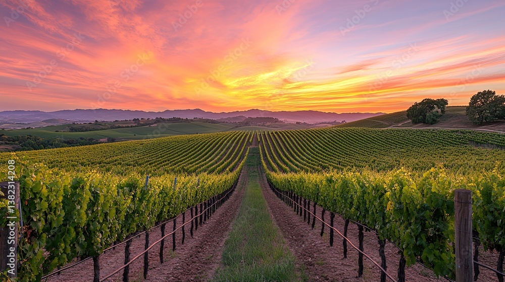 Fototapeta premium A vineyard stretches towards the horizon under a vibrant sunset sky. 
