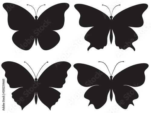 Four black butterfly silhouettes arranged in a 2x2 grid. The top two butterflies have rounded wings with smooth edges,
 while the bottom two have more detailed, jagged wing edges. Each butterfly has a
