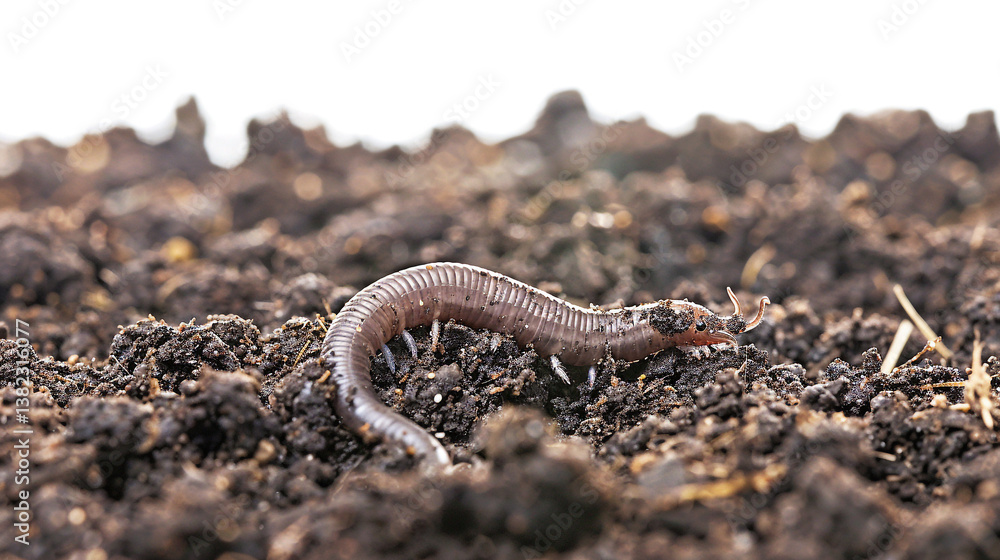 A millipede crawling on dark soil against a bright background. A millipede crawling on dark soil against a bright background.