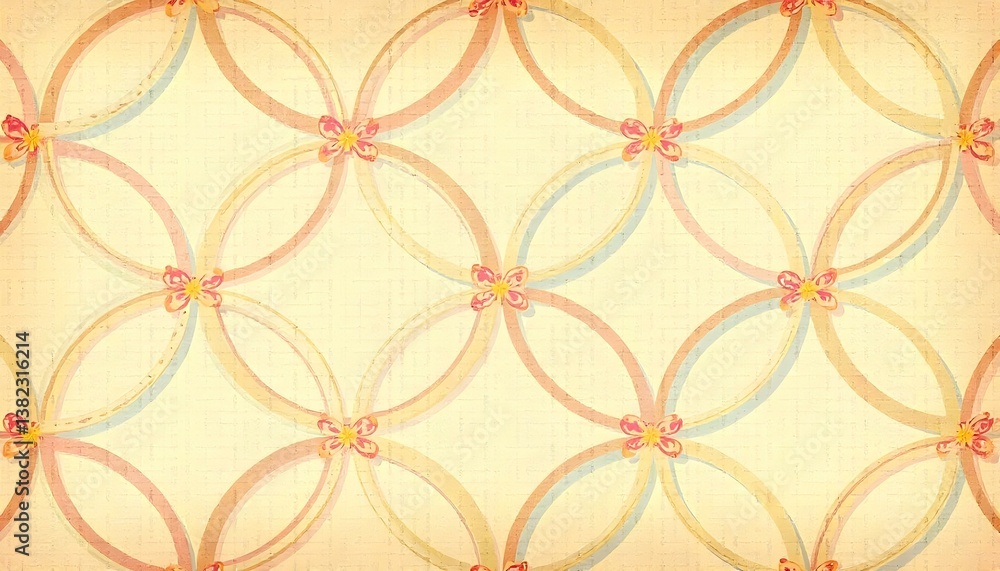 Fototapeta premium A seamless pattern with overlapping circles and floral motifs, rendered in a distressed, vintage style