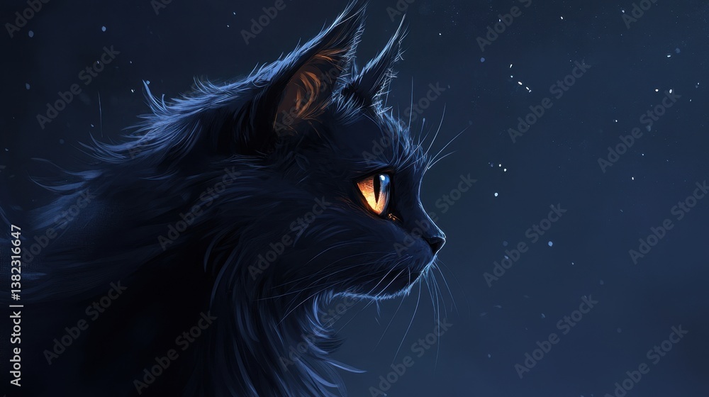Fototapeta premium Profile shot of a black cat with luminous eyes, showcasing a moment of quiet observation and intrigue, set against a dark background.