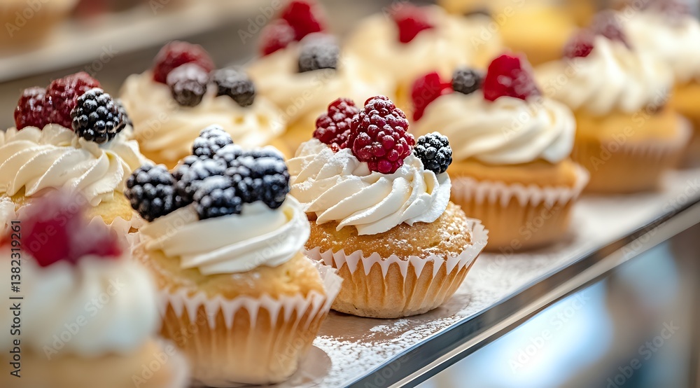 Close Up of Delicious Cupcakes Topped with Whipped Cream and Berries Close Up of Delicious Cupcakes Topped with Whipped Cream and Berries