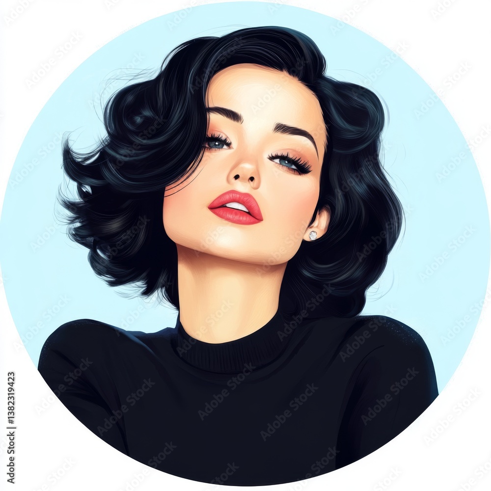 Stylish Woman with Wavy Black Hair and Red Lips on Blue Circle Stylish Woman with Wavy Black Hair and Red Lips on Blue Circle